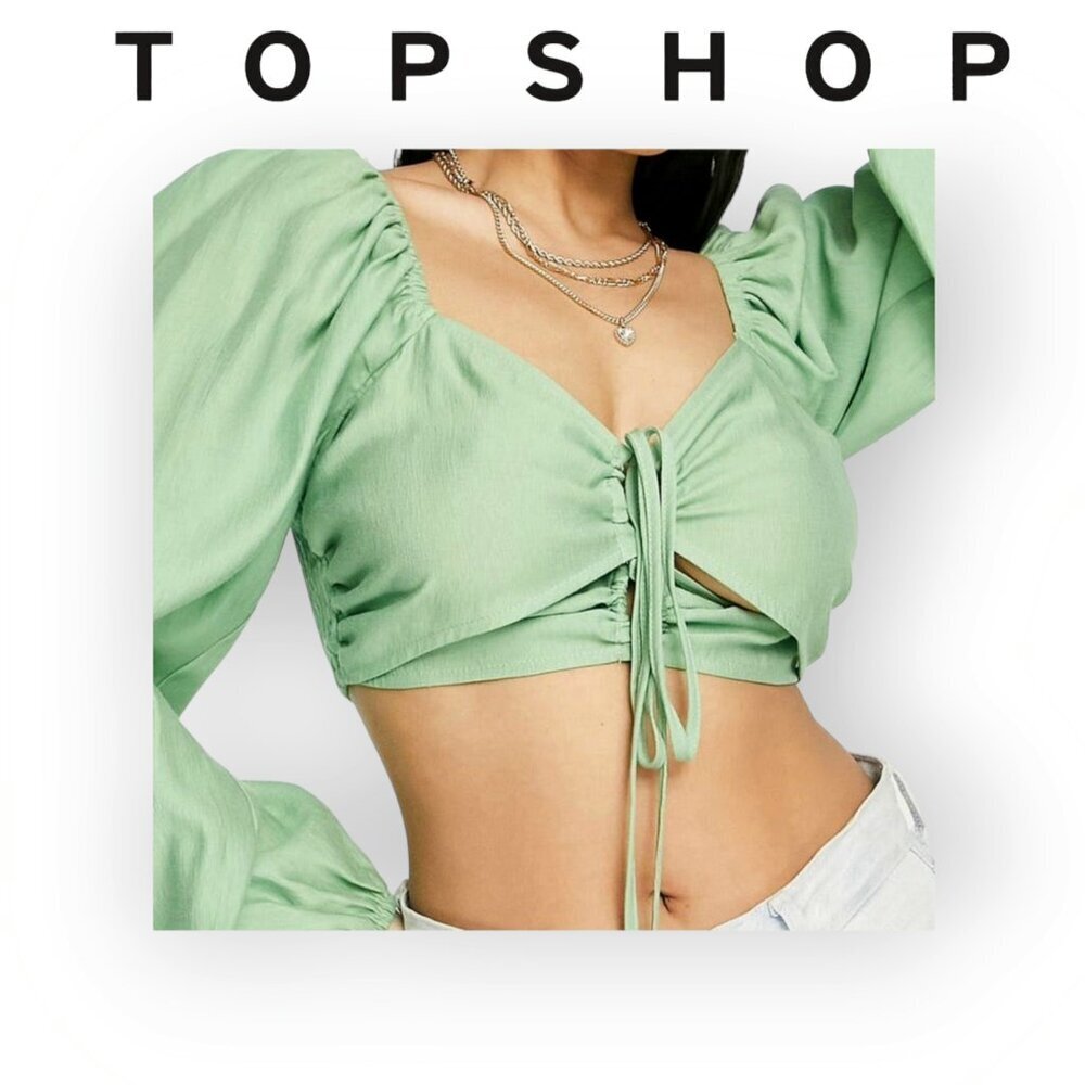 Topshop Celery Green Ruched Cut-Out Croptop Balloon Sleeve Spring Party Top 2